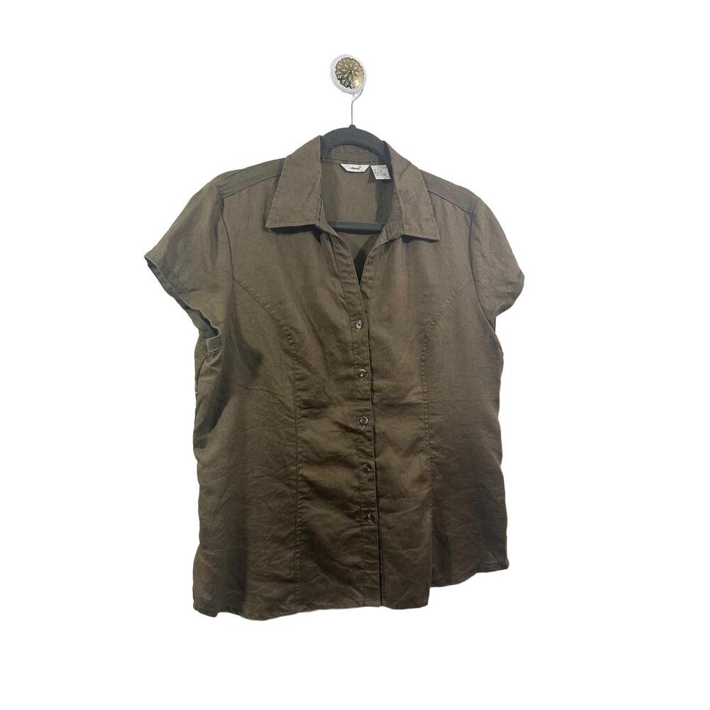 Edward Blouse Womens  XL Olive Brown Buttonup Short Sleeve Collared Lightweight